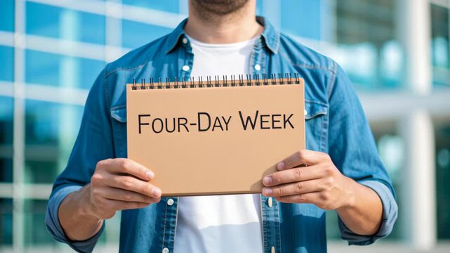 Four day week person sign cardboard notebook casual denim urban business concept. notebook held by person casual outfit expressing positive work life balance near modern office building