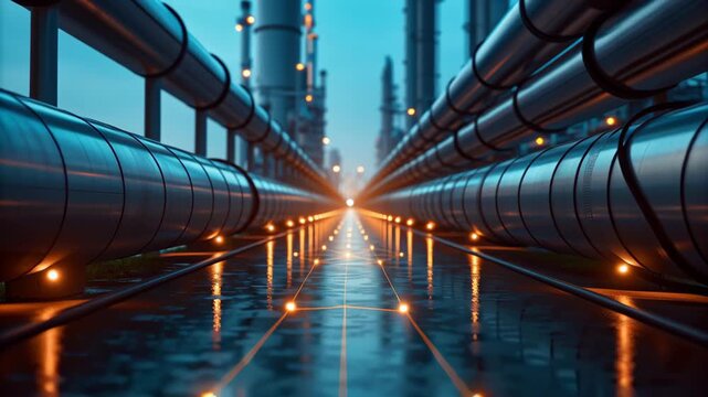 Futuristic industrial pipeline corridor with reflective wet floor and glowing nodes, industrial metal pipe corridor with illuminated network lights forming glowing path and reflective wet floor