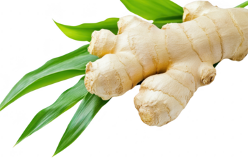 Fresh ginger root with green leaves. its natural texture and color. perfect for culinary use or health-related articles