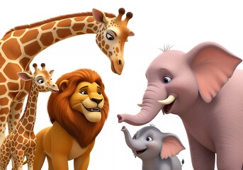 Charming Cartoon African Animals Gathered Together on White Background.