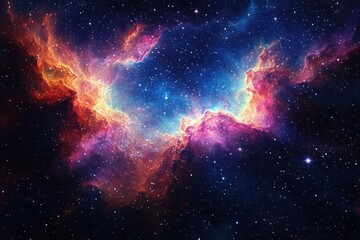 Vibrant cosmic nebula with luminous multicolored gas clouds, glowing filaments and a dark starry background, evoking awe and wonder