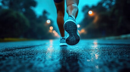 low-angle close-up of a runner's shoe and calf hitting wet asphalt on an empty tree-lined street with glowing streetlights and reflections, evoking determination and focus