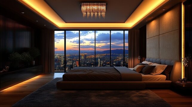 luxurious modern bedroom with king platform bed, plush headboard and warm ambient lighting, panoramic floor-to-ceiling windows showing a glowing city skyline at sunset, serene and cozy - Powered by Adobe