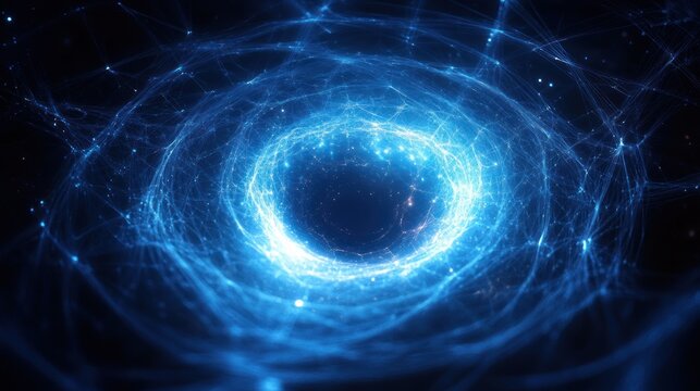 Glowing blue cosmic vortex of interconnected light filaments spiraling into a dark luminous center, evoking mystery, depth, and awe - Powered by Adobe