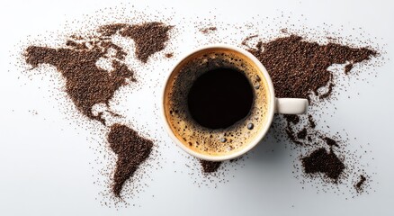 Obraz premium Overhead view coffee cup atop dark grounds shaped like the world map, white background
