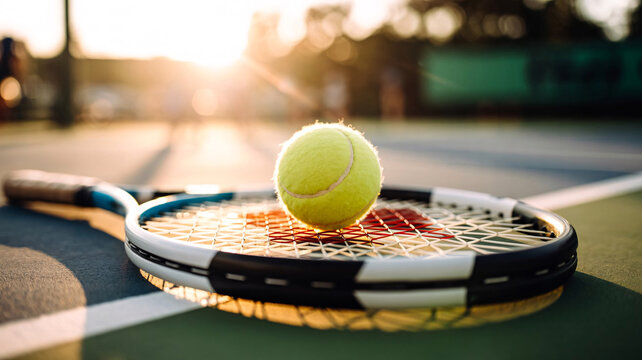 Tennis racket and ball resting on the court during a warm golden sunset