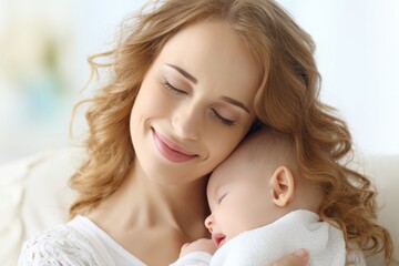 Heartfelt bond between mother and baby in cozy home environment. Magazine cover. Pastel glow and warmth surrounding a mother-child embrace. Reportage shot. Honest scene.