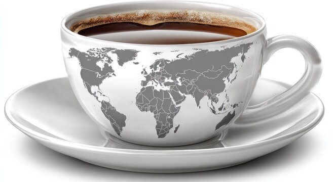A coffee cup with a world map design, filled with dark brew, on a white saucer