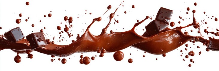 Energetic swirl and splash of liquid chocolate with floating chocolate squares and scattered droplets on a white background, rich and indulgent