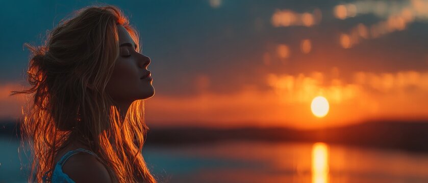 Moment of tranquility: embracing nature's last light. Bold fashion. Oceanic serenity: woman in silhouette at crimson sunset. Colorful surrealism. Avant-garde shots.