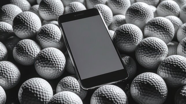 smartphone resting among dozens of dimpled golf balls in a moody black and white still life, conveying solitude and the contrast between technology and sport
