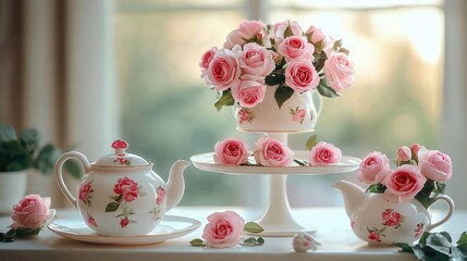 porcelain tea set with floral pattern and pink rose bouquets on a white cake stand and scattered petals on a table by a sunlit window, serene romantic still life