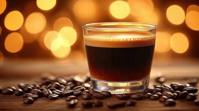 rich espresso shot in a glass with crema surrounded by scattered coffee beans on a wooden table with warm bokeh lights creating a cozy inviting mood