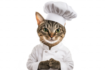 A whimsical cat dressed as a chef. wearing a white chefs hat and coat. standing proudly with its paws clasped together. set against a plain white background. perfect for lighthearted culinary themes