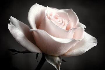 Single delicate pale pink rose bloom with visible stem and leaves in soft light on a dark background, elegant tender romantic and serene close-up