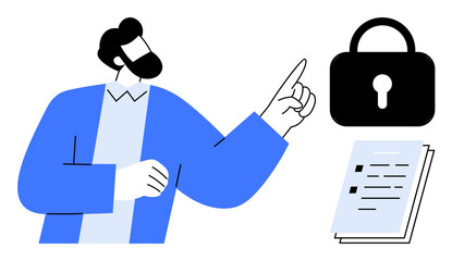 Professional gesturing toward lock and documents, promoting data safety. Ideal for security, privacy, technology, awareness, education, business protection. Clean simple flat metaphor