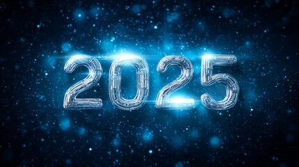 The numbers "2025" in silver metal, floating on a dark blue background with stars and glowing light effects, creating a futuristic New Year concept with a high-resolution, realistic appearance.