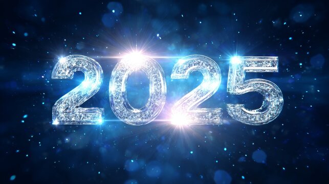 The numbers "2025" in silver metal, floating on a dark blue background with stars and glowing light effects, creating a futuristic New Year concept with a high-resolution, realistic appearance. - Powered by Adobe