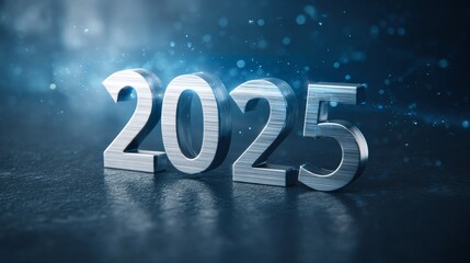 The numbers "2025" in silver metal, floating on a dark blue background with stars and glowing light effects, creating a futuristic New Year concept with a high-resolution, realistic appearance.