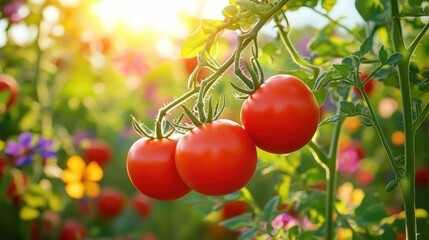 Sunlit cluster of ripe red tomatoes on a green vine with dewy leaves and vibrant blurred flowers in the background, evoking fresh warm garden joy