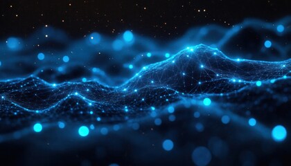 Futuristic blue digital landscape of glowing interconnected mesh waves and nodes with floating light particles and a starry, mysterious depth