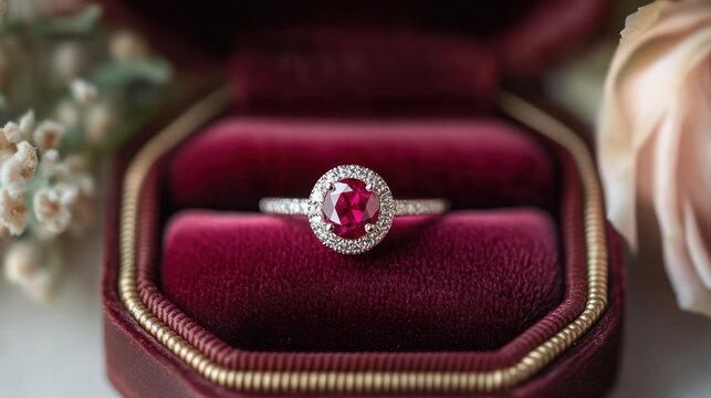 Ruby halo ring with sparkling diamonds in a plush burgundy velvet box beside soft roses and baby's breath, romantic and elegant - Powered by Adobe