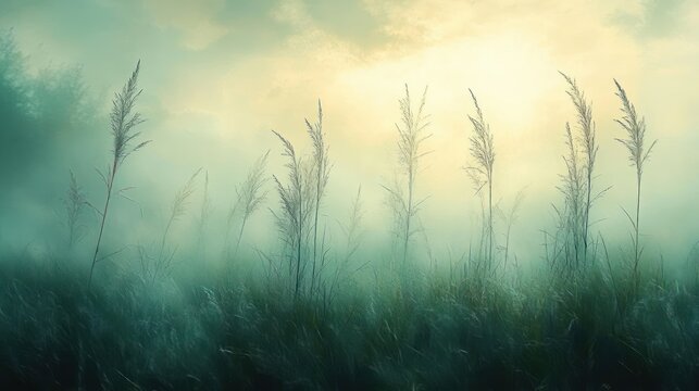 Tall reed stalks rising from a misty grassy meadow at dawn with soft teal and golden light, serene and dreamy atmosphere
