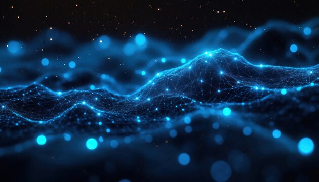 Futuristic blue digital landscape of glowing interconnected mesh waves and nodes with floating light particles and a starry, mysterious depth