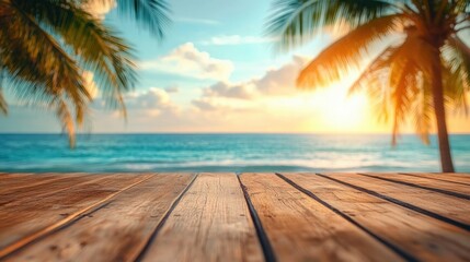 wooden deck overlooking calm turquoise ocean framed by palm trees at golden hour, warm tranquil tropical beach scene