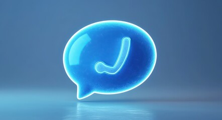 glowing blue 3d speech bubble with checkmark hovering above reflective surface conveying calm reassurance