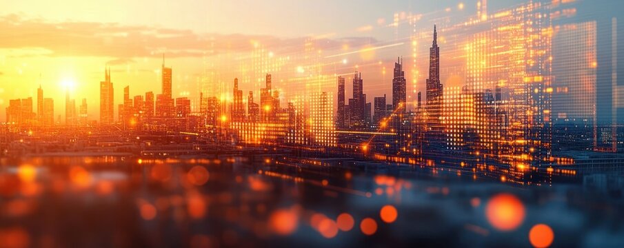 futuristic city skyline at sunset with towering skyscrapers, warm orange bokeh and glowing digital data overlay conveying energy and optimistic innovation - Powered by Adobe