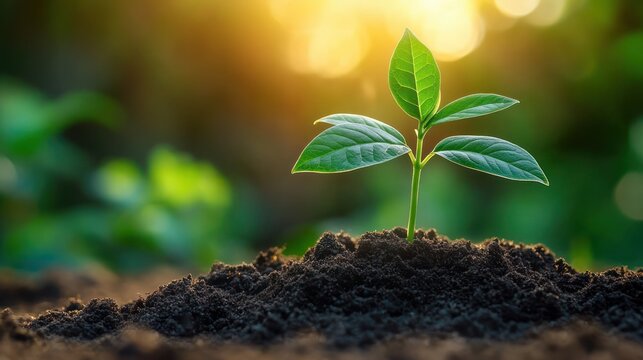 Young green seedling emerging from rich dark soil, bathed in warm golden sunlight, evoking growth, renewal and hopeful new life