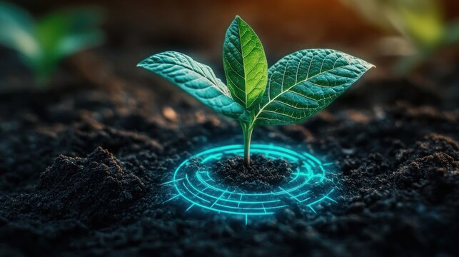 young green seedling sprouting from dark soil surrounded by a glowing blue digital ring conveying hopeful futuristic growth and nurture