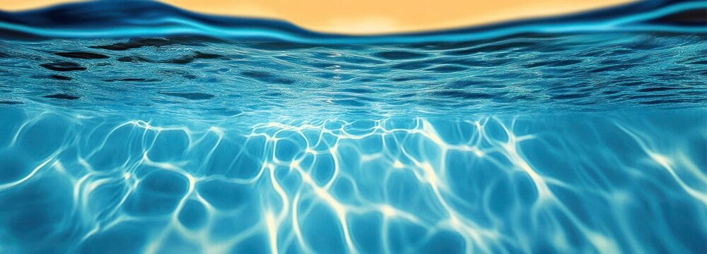 sunlit blue water with shimmering ripples and underwater light patterns beneath a warm golden horizon, calm and serene mood