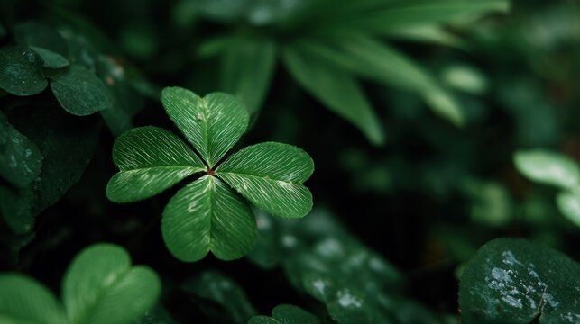 A vibrant four-leaf clover stands out amongst lush, dark green foliage, showcasing intricate leaf veins and subtle water droplets. The background is blurred, emphasizing the clover