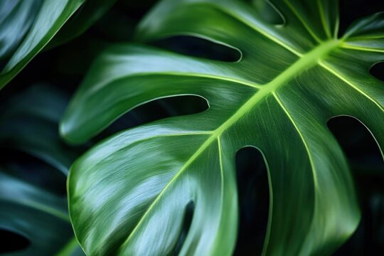 Close-up of a large glossy split tropical leaf with deep lobes and visible veins, lush green texture conveying calm and freshness