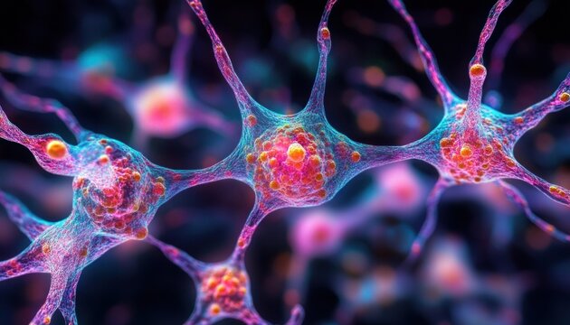 Vibrant glowing neurons with branching dendrites and interconnected synapses, spherical cell bodies studded with bright vesicles in a dynamic microscopic neural network