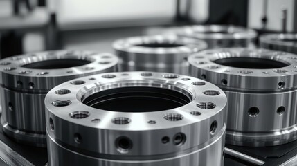 shiny precision machined metal flanges with circular bolt holes arranged on a workshop table, evoking industrial precision and technical order