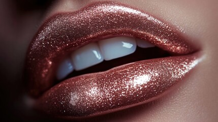 close-up of sensual glossy rose gold glitter lips slightly parted revealing white teeth, glamorous shimmering metallic lipstick and radiant skin