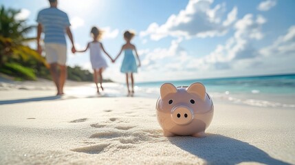 pink piggy bank on sunlit sandy beach in foreground with blurred family holding hands walking toward turquoise ocean under blue sky, evoking relaxed joyful security