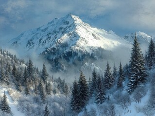 snow-covered alpine peak towering over a misty evergreen forest on a serene winter morning