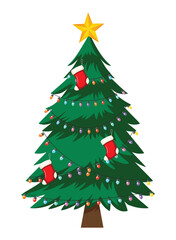 Decorated cartoon Christmas tree with a golden star, colorful string lights, and red stockings, symbolizing festive holiday spirit and winter celebrations