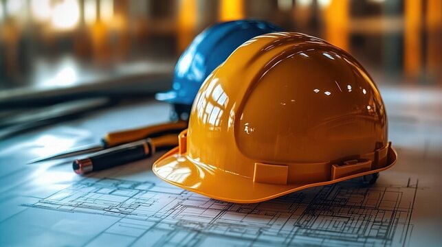 Orange and blue construction helmets resting on architectural blueprints with pens, conveying careful planning and professional safety