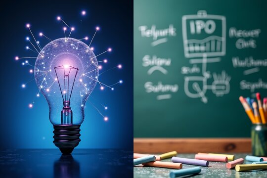 Idea lightbulb glows beside chalkboard diagramming IPO, symbolizing innovation and startup finance education.