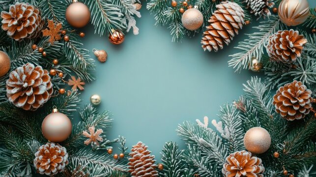 frosted evergreen frame with pine cones, snow and gold baubles on a teal background conveying a cozy festive winter mood