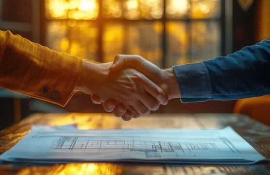 Two people shaking hands over architectural blueprints on a wooden table bathed in warm golden sunlight, conveying partnership and agreement