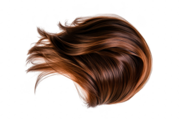 A flowing cascade of rich. chestnut brown hair captured in mid-motion against a clean white background. ideal for beauty and hair product advertisements