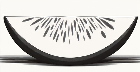 monochrome stylized fruit slice with radiating seeds, curved rind, lined hatching and striped shadow conveying a calm minimalist mood