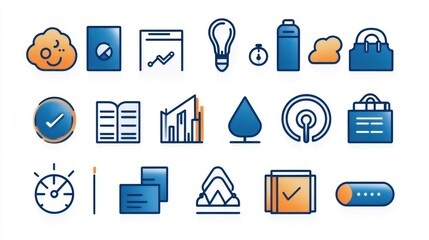 Cheerful collection of blue and orange flat interface icons showing cloud, notebook, charts, lightbulb, stopwatch, water bottle, bags, checkmarks, speedometer, cards, mountain and toggle