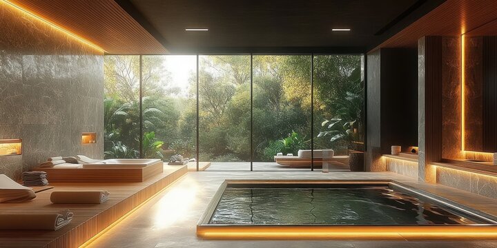luxurious modern indoor spa with illuminated rectangular hot tub, wooden lounge beds and rolled towels, floor-to-ceiling glass doors opening to lush garden, warm ambient glow, serene calm